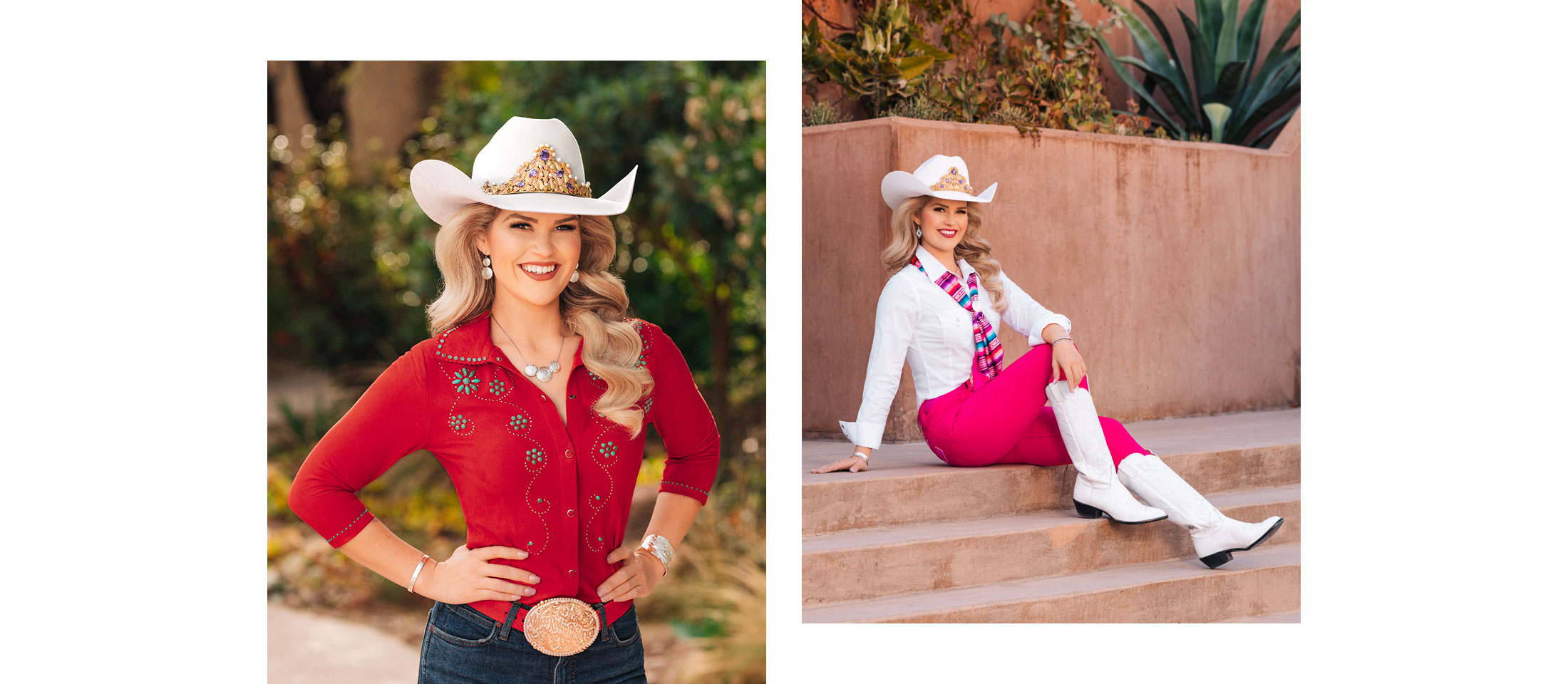 A photo montage. Miss Rodeo America is standing with her hands on her hips. She is wearing a red shirt with turquoise accents and a white cowboy hat with a gold crown. Miss rodeo America wearing a tall top white Justin Boot and a white hat, sitting on cement stairs posing.